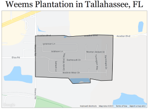 Map of the Weems PLantation subdivision located south of the Parkway and east of Capital Circle