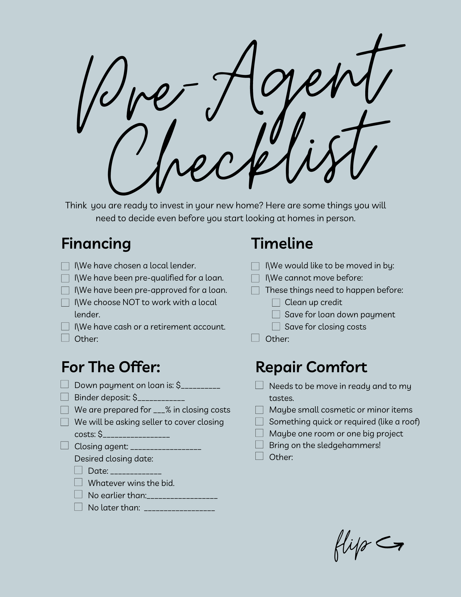 Pre agent checklist to help you decide on what to look for in a home page 1