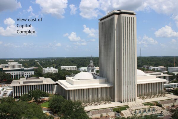 View of Capitol from Plaza Tower condos. View shows east Tallahassee is mostly green.