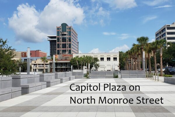 View from plaza in front of capitol facing north with Monroe street on the right.